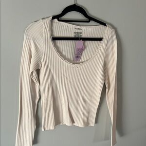 wild fable Cream Ribbed Scoop-Neck Long Sleeve Top